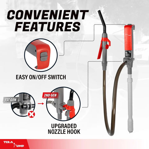 Fuel Transfer Pump With Quick Flow Control Nozzle Siphons Up To 2.6 GPM Dual Trigger Locking Nozzle For Gas Diesel And Watering Smooth Squeeze Operation For Fast Refuels And DIY Spill Free Transfers, battery-powered pump with hose and on/off switch