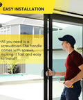 Man installing 9-7/8 Inch Tall Black Pull Handle Replacement With Screws For Sliding Patio And Glass Doors Fits 6-5/8 Inch Hole Spacing