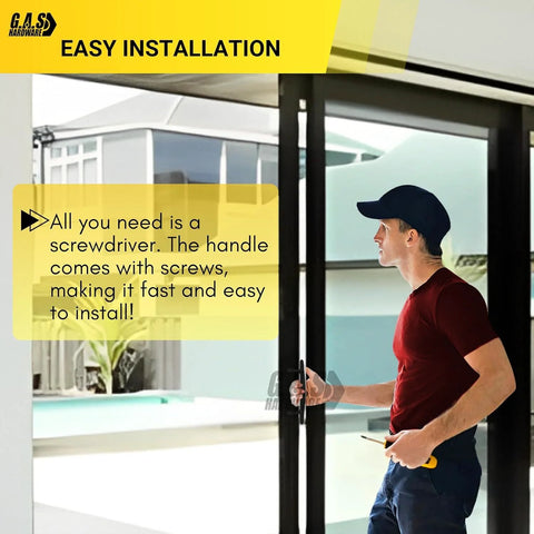 Man installing 9-7/8 Inch Tall Black Pull Handle Replacement With Screws For Sliding Patio And Glass Doors Fits 6-5/8 Inch Hole Spacing