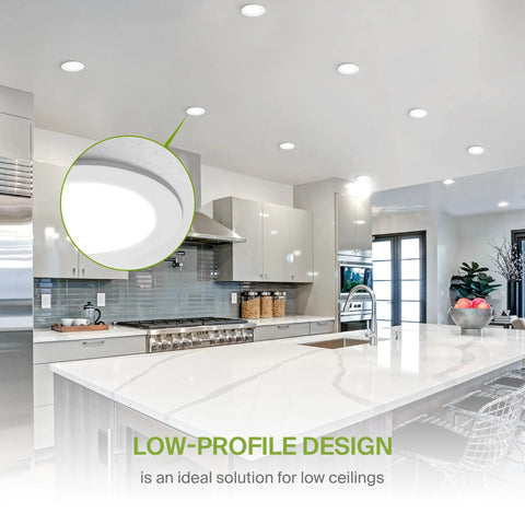 Modern kitchen with 12 Inch LED Recessed Canless Wafer Downlight Dimmable 24W With Five Color Temperatures on ceiling