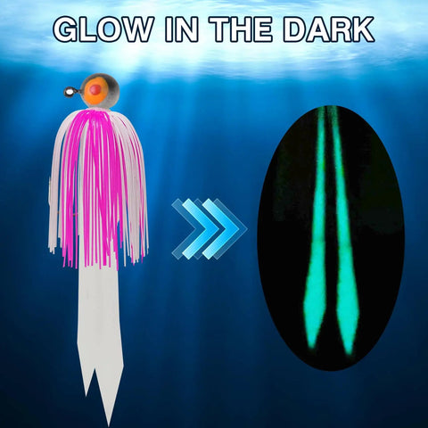 Slick Silicone Jig Skirts For Spinnerbaits And Buzzbaits With Shimmering Flakes glow in the dark, pink and white color combination.