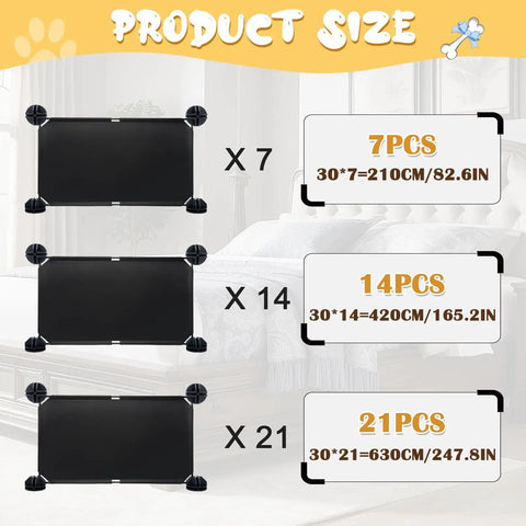 Image showing sizes of 7, 14, and 21 piece flexible pet guard barrier, 30cm height, used to block items under bed.