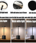 Cordless Rechargeable Table Lamp With 5000mAh Battery, USB Powered Desk Light In Metal Aluminum Housing, 3 Brightness Levels