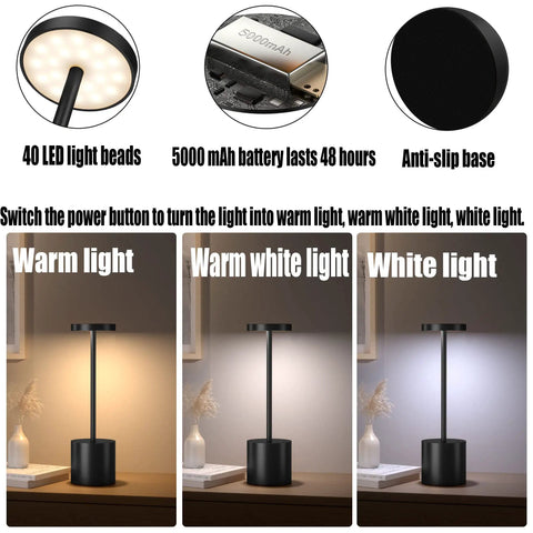 Cordless Rechargeable Table Lamp With 5000mAh Battery, USB Powered Desk Light In Metal Aluminum Housing, 3 Brightness Levels