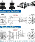 Technical diagram of Nema 23 Planetary Gear Reducer And Worm Gearbox for 200 Watt 400 Watt Servo Motors showing input and output shaft sizes.