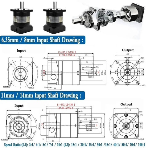 Technical diagram of Nema 23 Planetary Gear Reducer And Worm Gearbox for 200 Watt 400 Watt Servo Motors showing input and output shaft sizes.