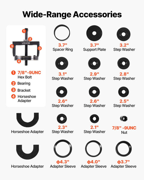 Wide-range accessories for Master Wheel Hub And Bearing Remover And Installer Kit including spacer rings, step washers, and horseshoe adapters.