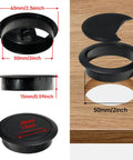 12 Pack Black Desk Grommets 2 Inch With Hole Saw For Cable Management, Durable ABS Desk Cord Hole Covers on wood surface