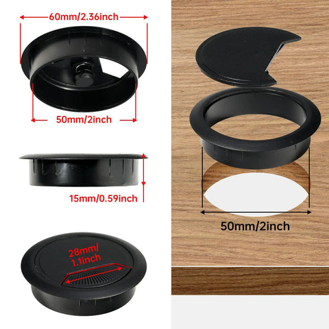 12 Pack Black Desk Grommets 2 Inch With Hole Saw For Cable Management, Durable ABS Desk Cord Hole Covers on wood surface