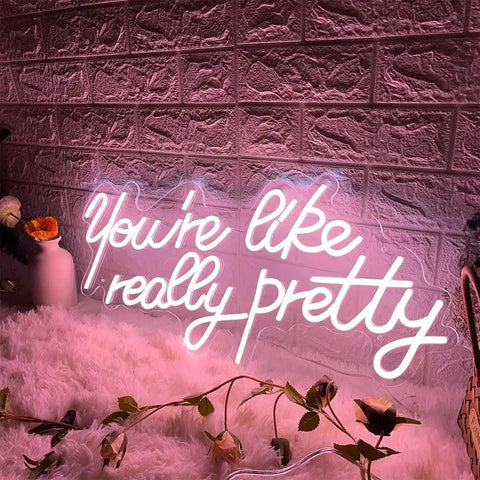You Are Like Really Pretty Neon Light Sign Peach Pink LED Neon Wall Decor for Bedroom, pink script against brick wall