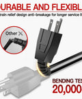 Skrizcable outdoor extension cord, 25 ft, black, 3-prong plug; close-up view showing bending at plug