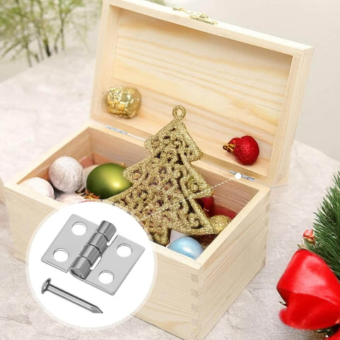 Open wooden box with Christmas ornaments showing Mini Hinges For Crafts 10x8mm With Screws 100 Pieces Tiny Brass Hinges.