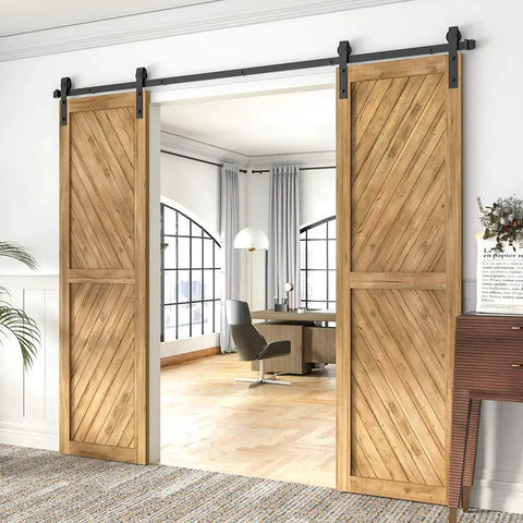 8 Foot Barn Door Hardware Kit Double Sliding Track System Black Carbon Steel Rail For 48 Inch Closet Panel Easy To Install J Shape Workhorse Heavy Duty Durable Barn Door Hardware