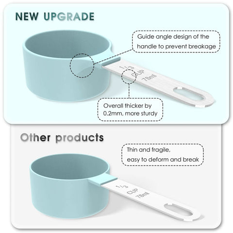Comparison of nesting stackable measuring cups with stainless steel handles, highlighting durability and design improvements.