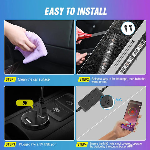 Installation guide for Lit Dream Color RGB-IC USB Interior LED Light Strips 12V DC Multicolor Footwell Under-Dash Kit.