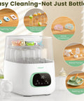 MOLWAY Bottle Washer Pro all-in-one baby bottle sterilizer and dryer, white with mint trim, front view with accessories.