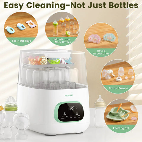 MOLWAY Bottle Washer Pro all-in-one baby bottle sterilizer and dryer, white with mint trim, front view with accessories.