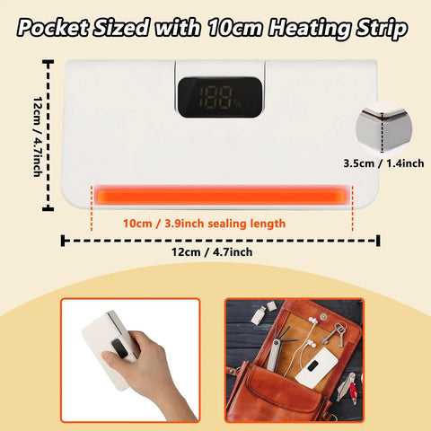 Rechargeable Mini Bag Sealer With LED Power Display One Touch Heat Sealer And Cutter Six Adjustable Gear Settings Portable Resealer For Chips Snacks And Mylar Bags USB C Charge On The Go, dimensions and in-bag view