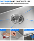 Lift-off drain and x-grooves in Undermount 14X19 Inch Bar Sink in 16 Gauge Stainless Steel with easy clean surface.