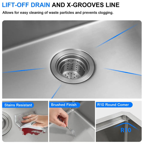 Lift-off drain and x-grooves in Undermount 14X19 Inch Bar Sink in 16 Gauge Stainless Steel with easy clean surface.