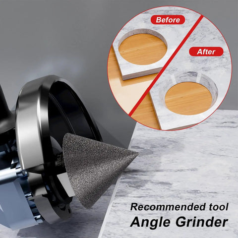 Diamond Beveling Chamfer Bit With M14 Hex Shank for tile, marble, granite, porcelain hole enlarging shown with angle grinder use.