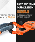 Two Pack D Ring Shackles 3/4 Inch Heavy Duty Tow Shackles With 7/8 Inch Screw Pin And Black Isolator Washer For Off Road Jeep And Truck Recovery 42,000 Lb Break Strength shown in use with orange tow strap.