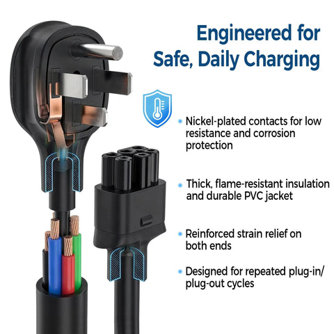 Premium Nema 14-50 Adapter For Tesla Gen 2 And Gen 3 Mobile Connector 32 Amp 240 Volt Portable EV Charging Cable 10 Inch close-up of plug and cable features.
