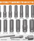 Heavy Duty 16 Piece 3/8 Inch Drive Deep Socket Extractor Set That Makes Stripped Bolts And Frozen Nuts A Walk In The Park Metric Sae Sizes With Hex Adapter Pro Gear showing sizes and markings.