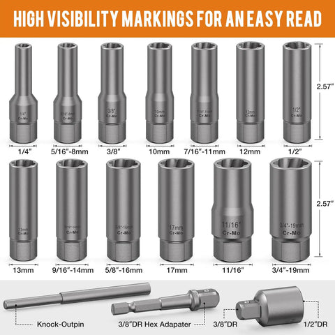 Heavy Duty 16 Piece 3/8 Inch Drive Deep Socket Extractor Set That Makes Stripped Bolts And Frozen Nuts A Walk In The Park Metric Sae Sizes With Hex Adapter Pro Gear showing sizes and markings.