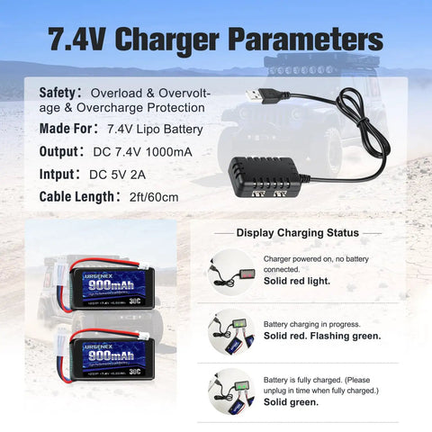 Beefy 7.4V LiPo Battery 2S 30C Burst 60C 900mAh with PH2.0 plug, charger parameters and charging status guide for RC cars.