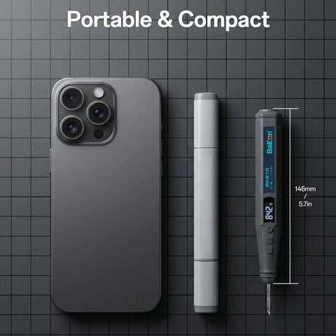 Cordless Soldering Iron Kit With 8S Rapid Heating And 3200mAh USB C Battery next to a smartphone and pen for size comparison