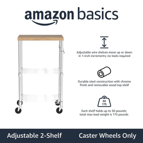 Easy Roll Kitchen Cart With Smooth Glide Caster Wheels And Custom Fit Wooden Top Plus Dual Chrome Shelves For Microwaves Or Mini Coolers Heavy Duty Mobile Storage Organizer Rack