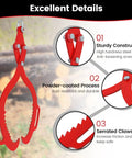 Front view of Toriexon log tongs, red 28-inch log grappler with two serrated claws.