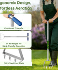 Semi Assembled Lawn Aerator With Four Steel Spikes Non Clogging Design Ergonomic Handle Reinforced Welding shown in use