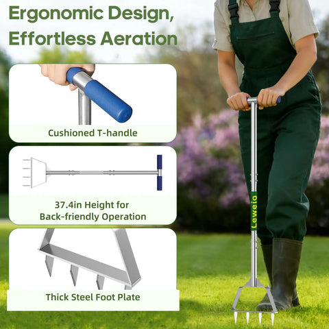 Semi Assembled Lawn Aerator With Four Steel Spikes Non Clogging Design Ergonomic Handle Reinforced Welding shown in use