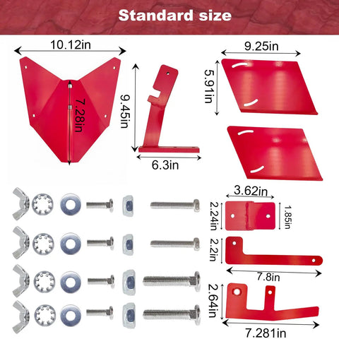 Rear Tine Furrower Kit For Tillers With Adjustable Wing, Compatible With Earthquake Rear Tine Rototillers And Popular Brands, Model 15683. Components spread out with measurements shown.