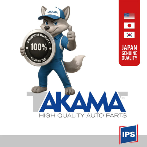 TAKAMA mascot holding 100% premium quality guarantee badge, Japan genuine quality label