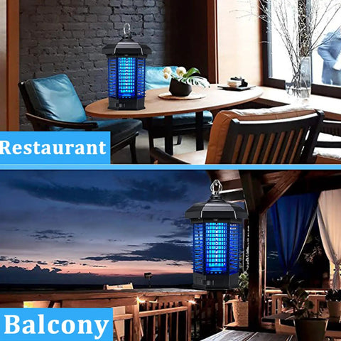 Powerful Bug Zapper Electric For Indoor Outdoor Use Mosquito Killer And Fly Zapper on restaurant table and balcony at sunset.