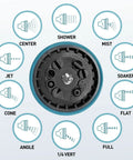 High Pressure Metal Garden Hose Nozzle With 10 Spray Patterns And Thumb Control On Off Valve For Car Wash Plants Pets And Outdoor Cleaning Built For Home Use And Heavy Duty Tasks Blue, showing all spray patterns.