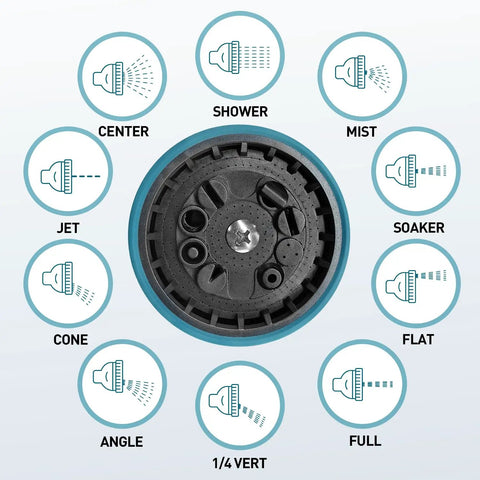 High Pressure Metal Garden Hose Nozzle With 10 Spray Patterns And Thumb Control On Off Valve For Car Wash Plants Pets And Outdoor Cleaning Built For Home Use And Heavy Duty Tasks Blue, showing all spray patterns.