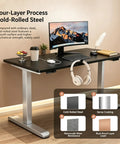 Rock Solid Dual Motor Electric Standing Desk With Smooth Height Adjustable Sit And Swap Frame Built Tough showing cold-rolled steel and features.