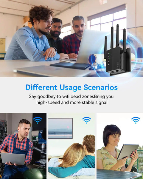 1200Mbps Dual Band WiFi Extender for home and outdoor use in various scenarios indoors and outdoors
