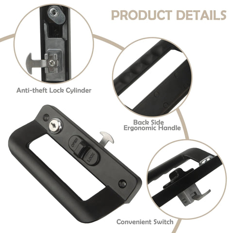 Full Replacement Sliding Door Handle Set For Five And Five Eighths Inch Hole Spacing With Mortise Lock And Key Front And Back Side Black Finish Durable Zinc Alloy Cylinder And Aluminum Handle Easy Installation, showing details of anti-theft lock cylinder and ergonomic handle