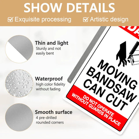Warning Tin Sign For Moving Bandsaw Danger High Visibility 12x8 Inch Metal Safety Notice For Workshop Garage Shop Wall Decor