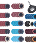 Assorted sanding disc kit with quick change discs and a holder, showcasing various grits in red, blue, and black colors.