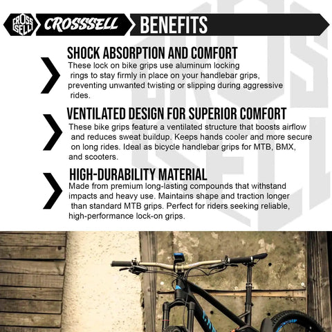 Close-up of Dual Color Lock On MTB Grips for Mountain Bike BMX and E Bike on handlebars with benefits text overlay.