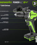 24V Half Inch Brushless Cordless Drill That Beasts 800 Inch Pounds Torque with two-speed gearbox and 21 clutch settings, side view