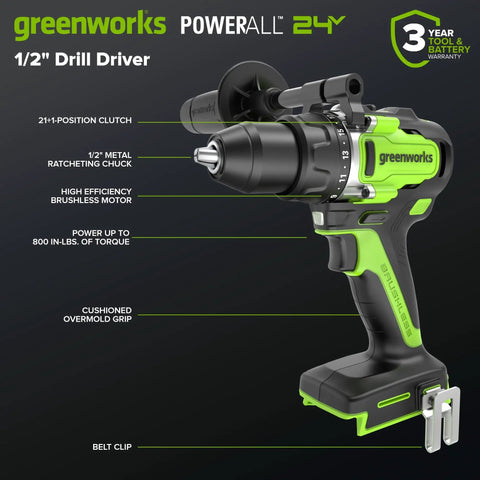24V Half Inch Brushless Cordless Drill That Beasts 800 Inch Pounds Torque with two-speed gearbox and 21 clutch settings, side view