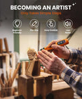 HARDELL mini cordless rotary tool in orange being used to carve wood in a workshop (side view)