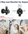 Three way low diverter with rainfall 8 inch round shower head with high pressure handheld spray combo in matte black.